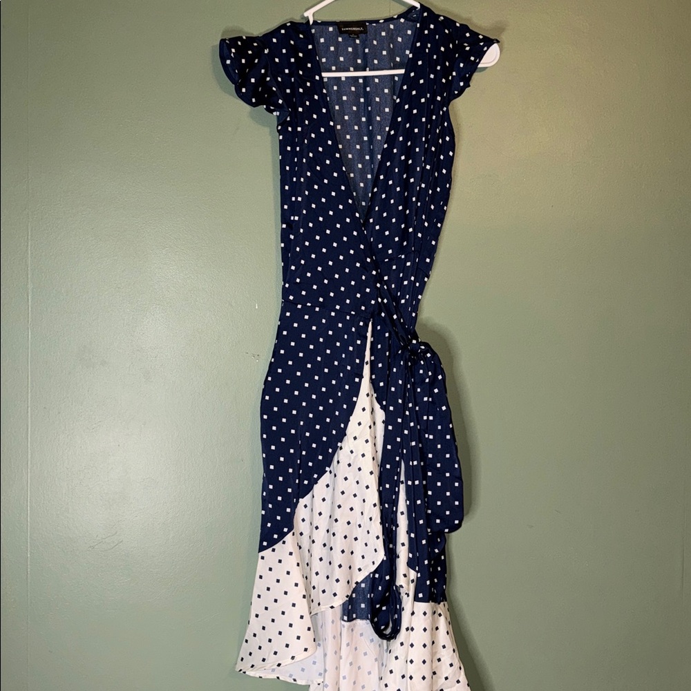 Summersalt The Beach to Brunch Wrap Dress in the Square Dot Deep Sea & White